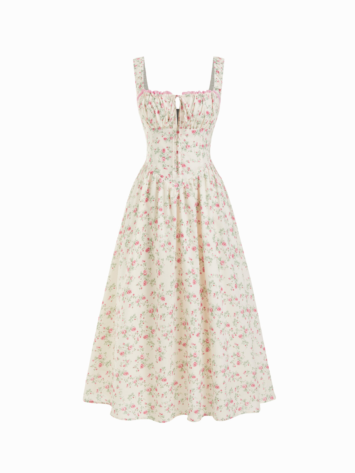 Vestido midi floral de mezcla de algodón con cuello cuadrado, lazada y fruncido - Rosa