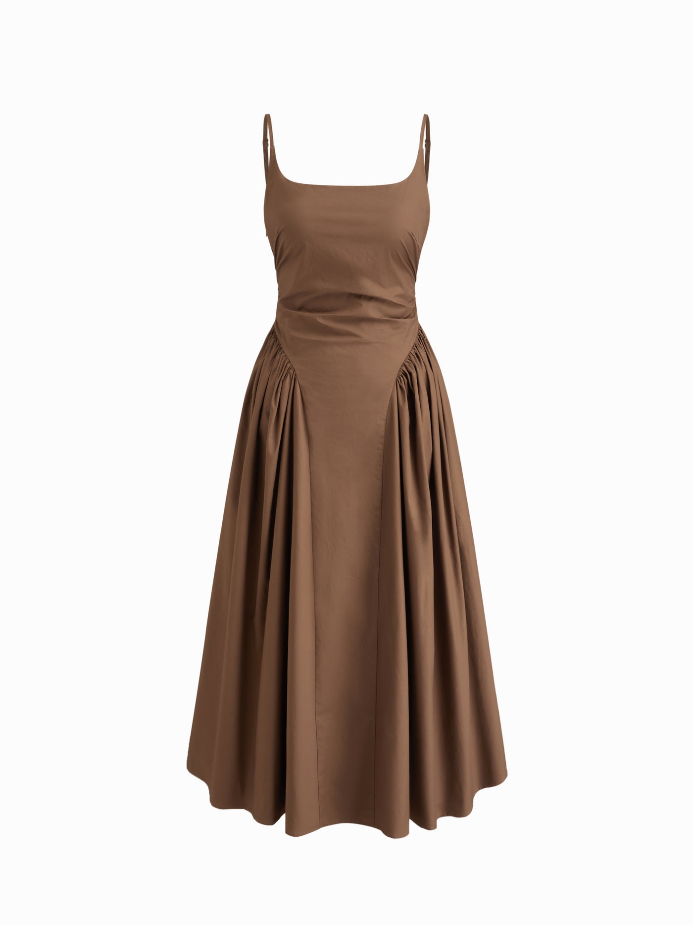 Vestido largo de tirantes 100% algodón con cuello en U, fruncido y bajo con volante - Marrón