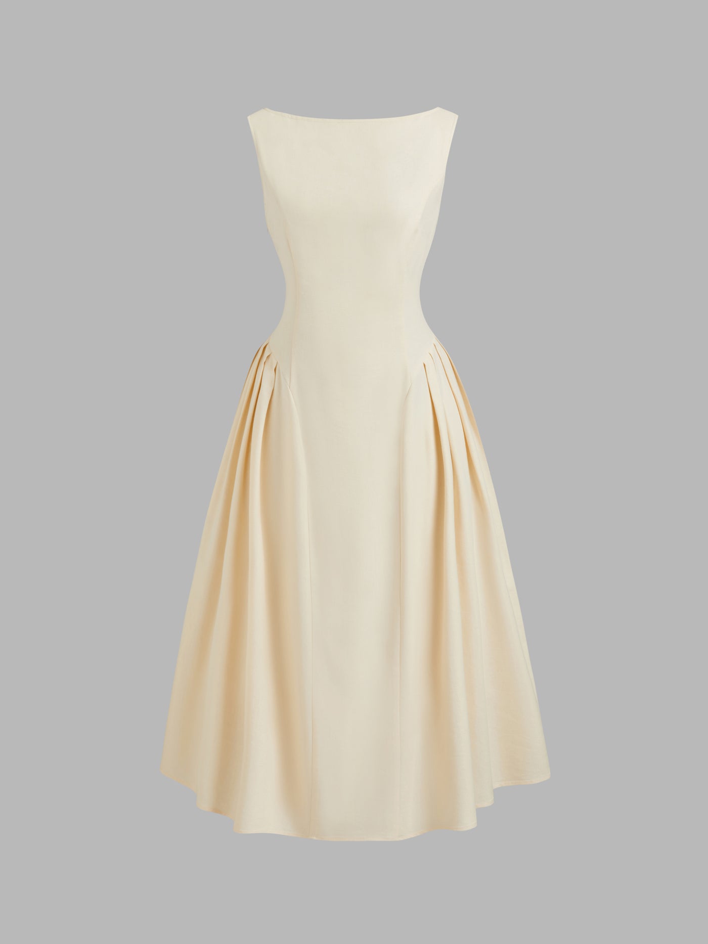 Vestido midi de mezcla de lino con cuello barco, volantes y espalda descubierta - Beige
