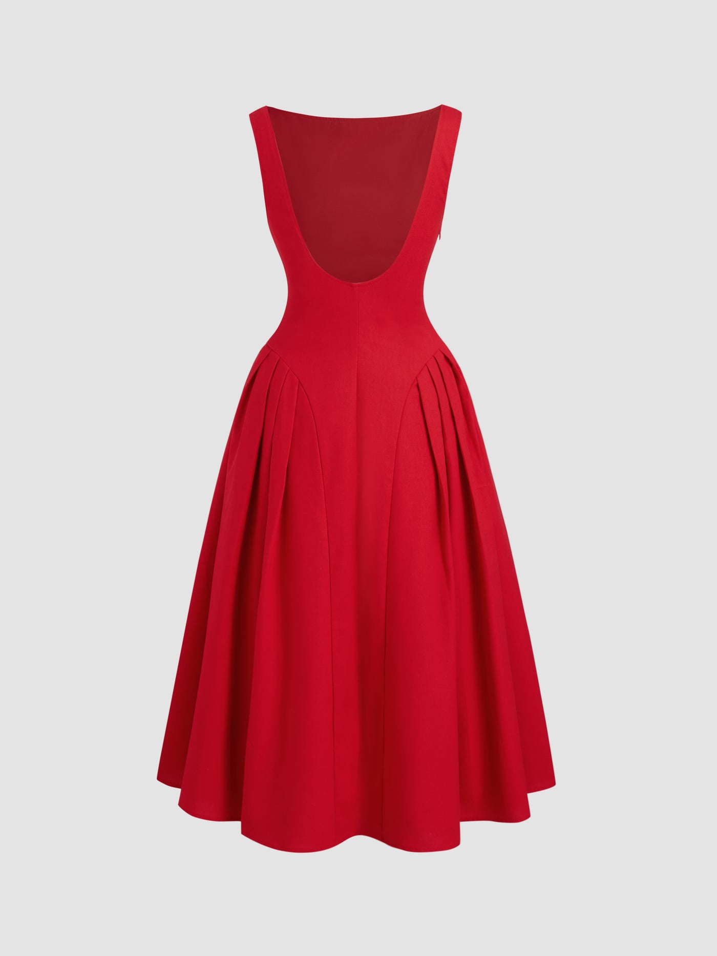 Vestido midi de mezcla de lino con cuello barco, volantes y espalda descubierta - Rojo