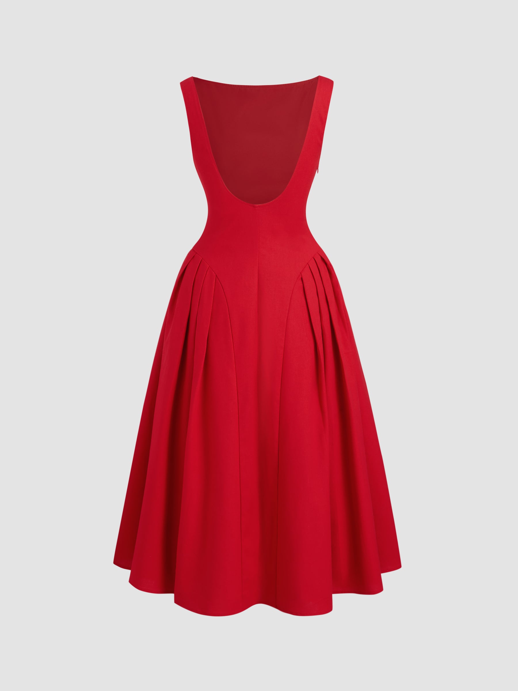 Vestido midi de mezcla de lino con cuello barco, volantes y espalda descubierta - Rojo