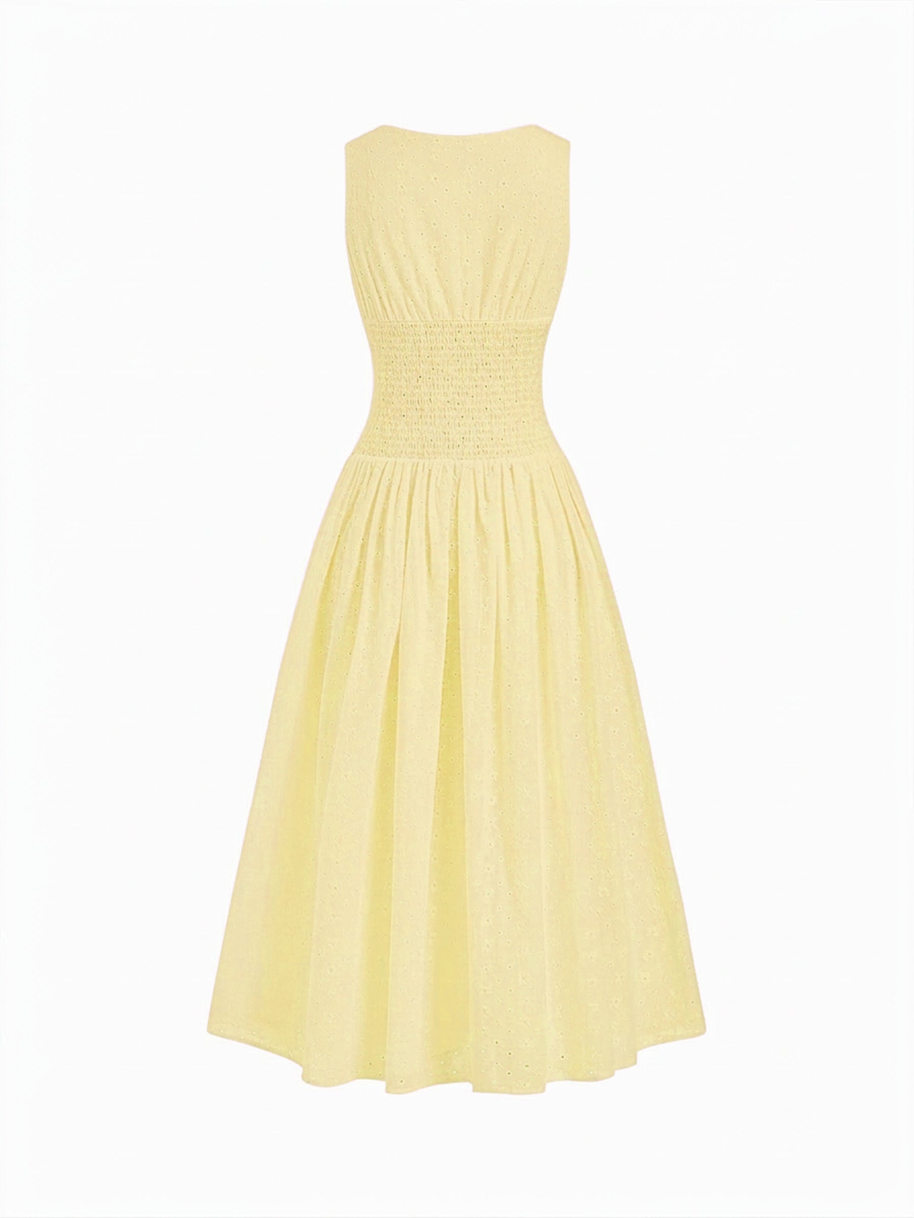 Vestido midi de algodón con cuello en V, bordado inglés, detalle floral, encaje y botones - Amarillo