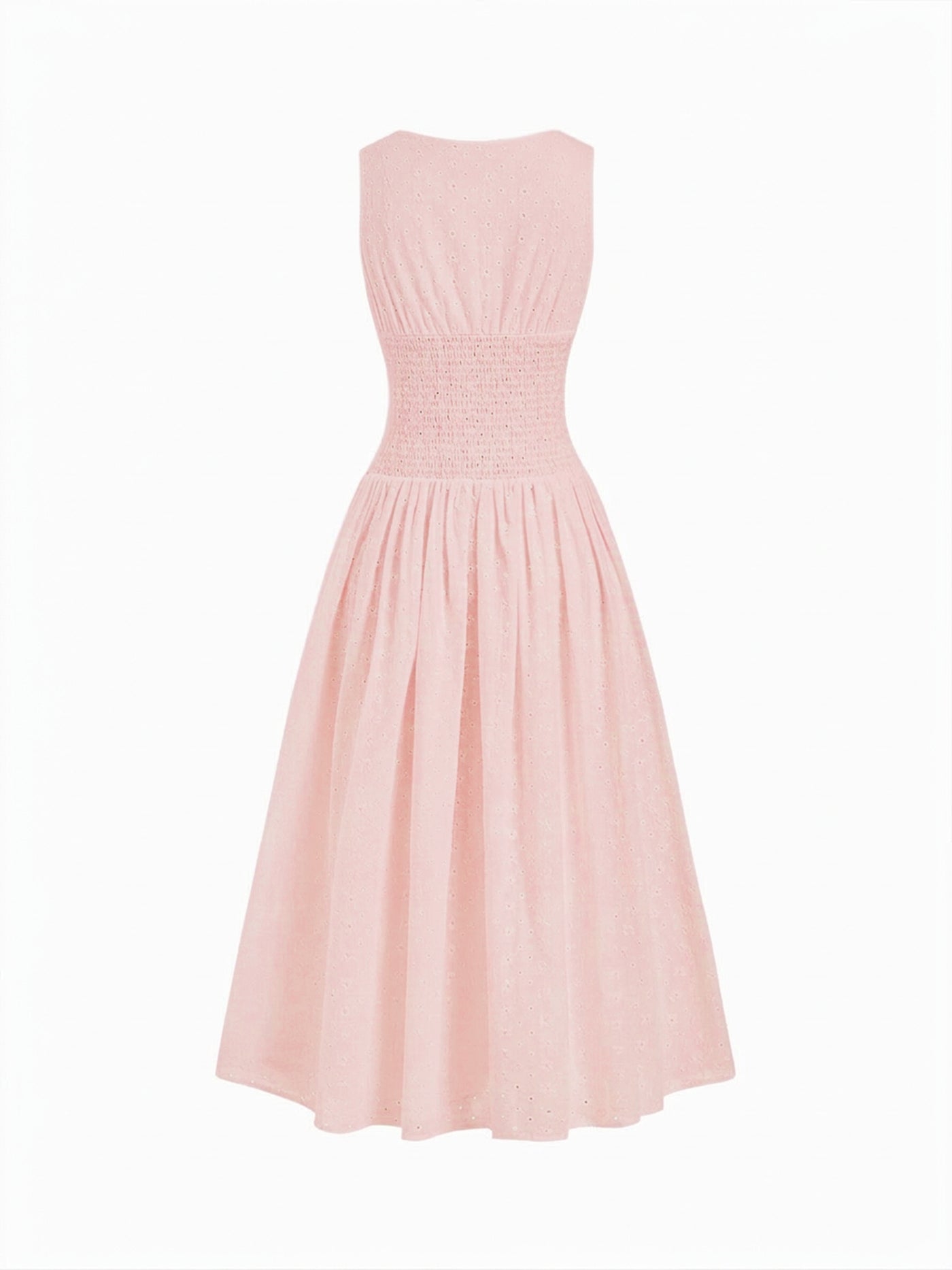 Vestido midi de algodón con cuello en V, bordado inglés, detalle floral, encaje y botones - Rosa