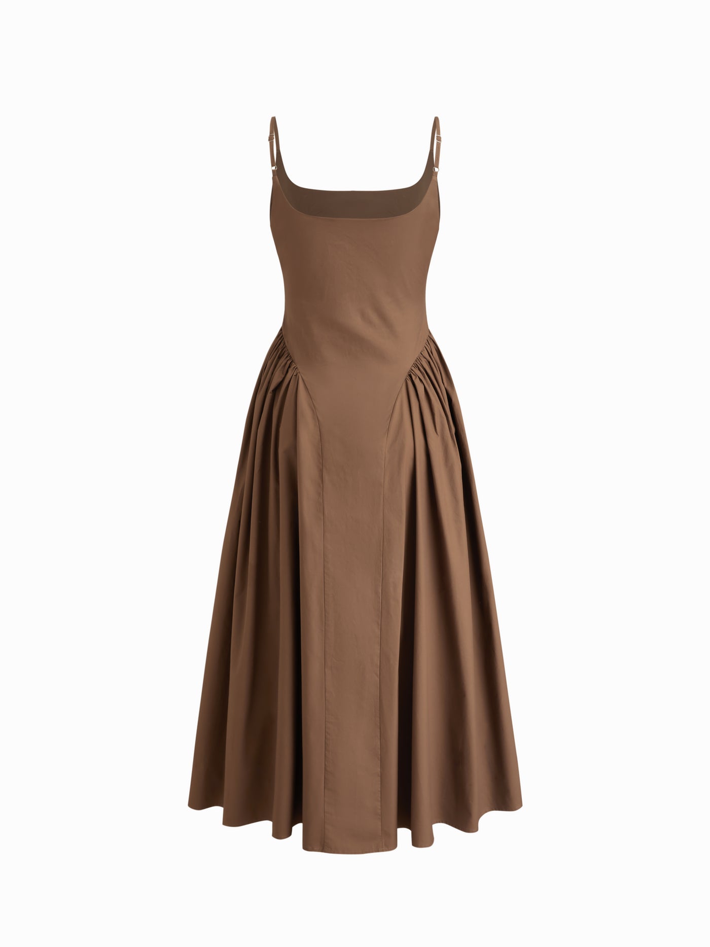 Vestido largo de tirantes 100% algodón con cuello en U, fruncido y bajo con volante - Marrón