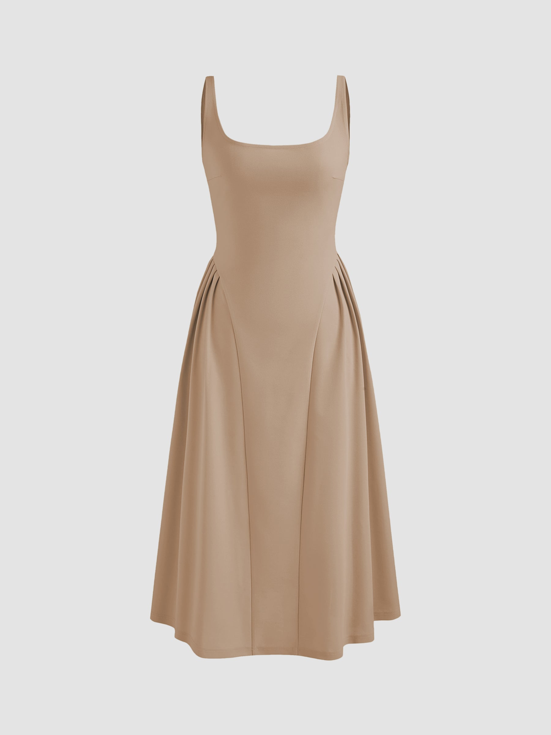 Vestido midi liso de tejido con cuello cuadrado