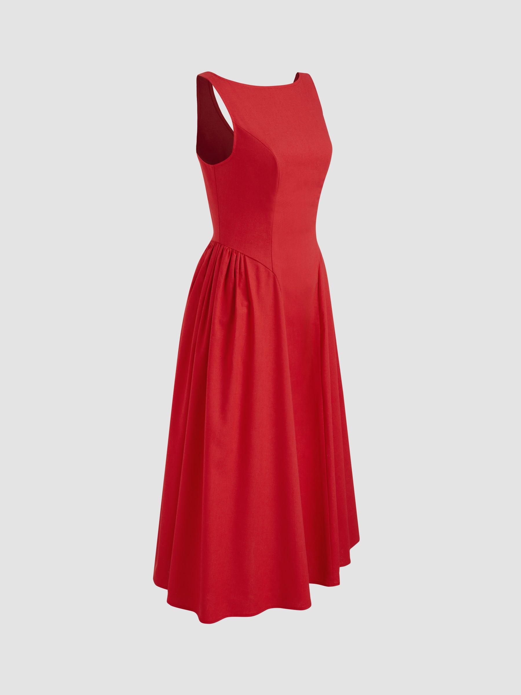 Vestido midi con cuello barco y volante