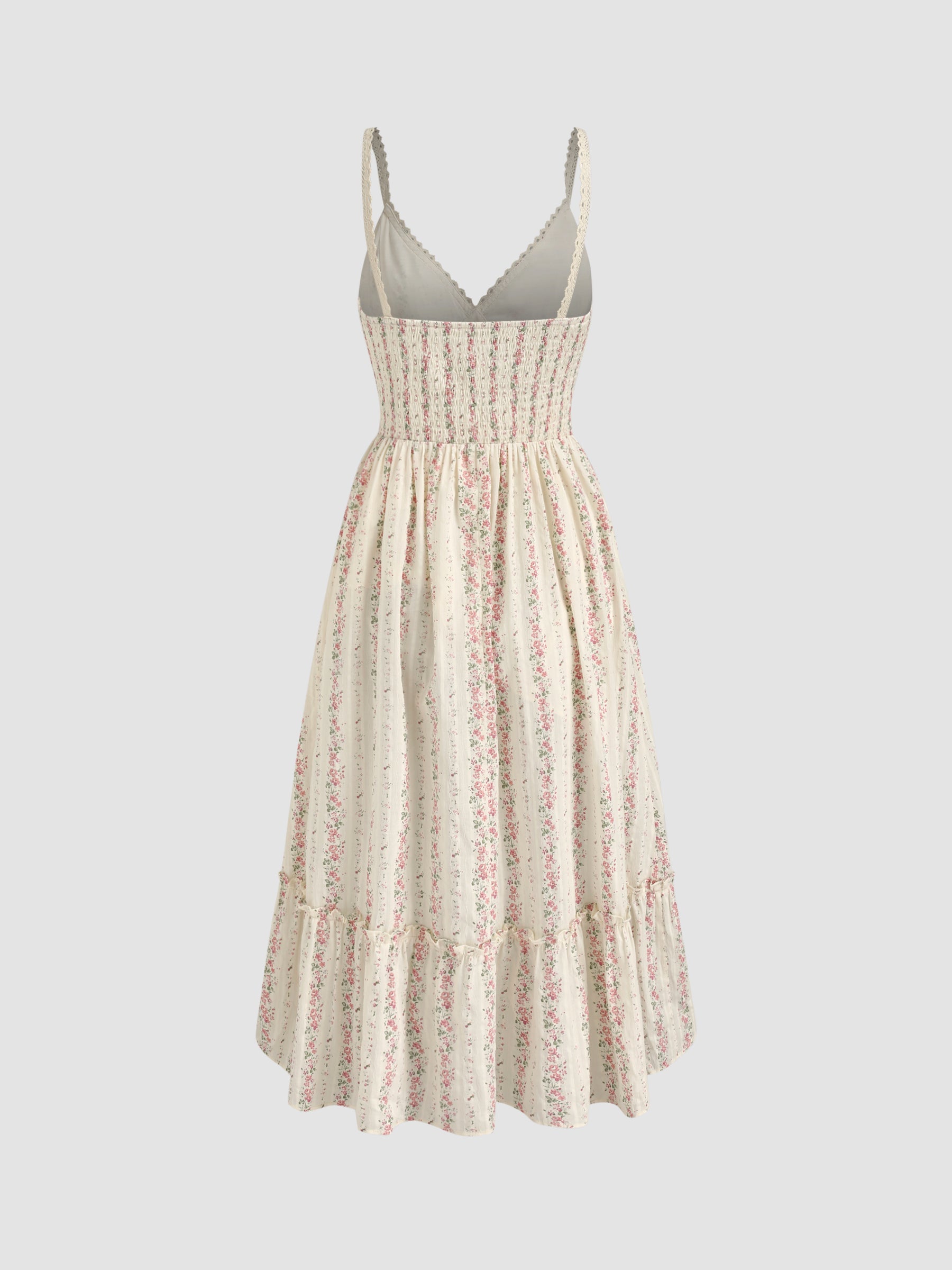 Vestido largo floral de algodón con cuello en V y fruncido