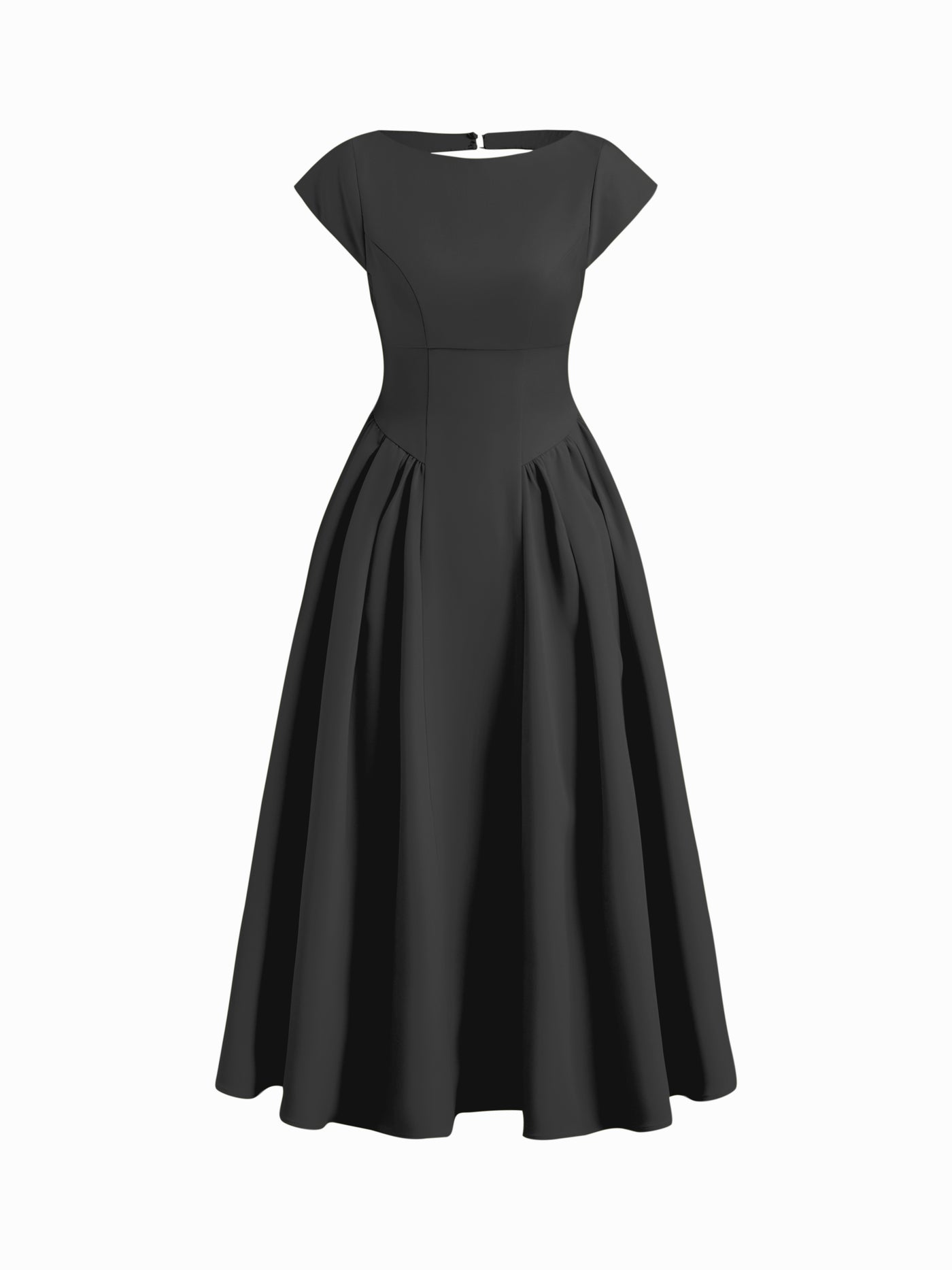 Vestido largo con cuello barco, espalda descubierta, aberturas y volante