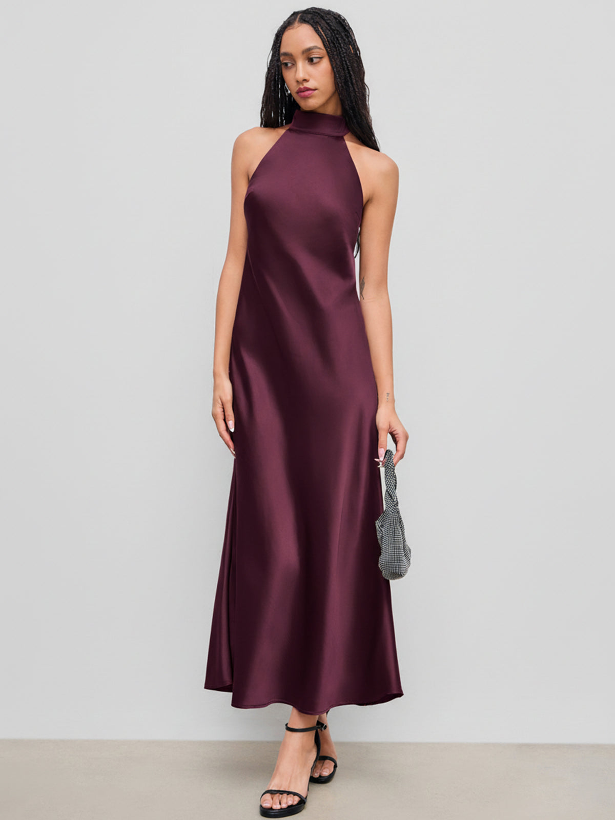 Vestido maxi satinado halter con espalda descubierta - Burdeos