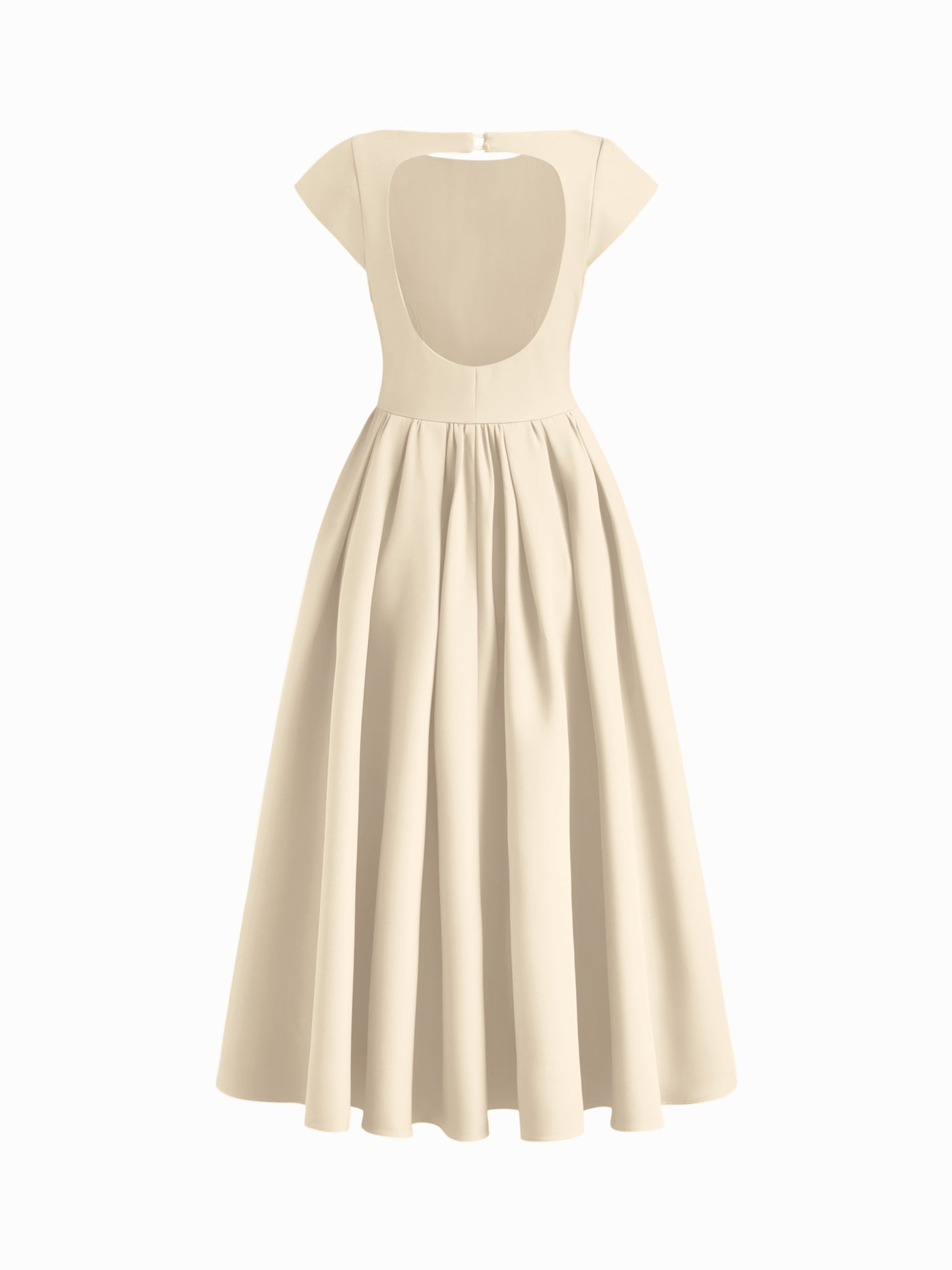 Vestido largo con cuello barco, espalda descubierta, aberturas y volante