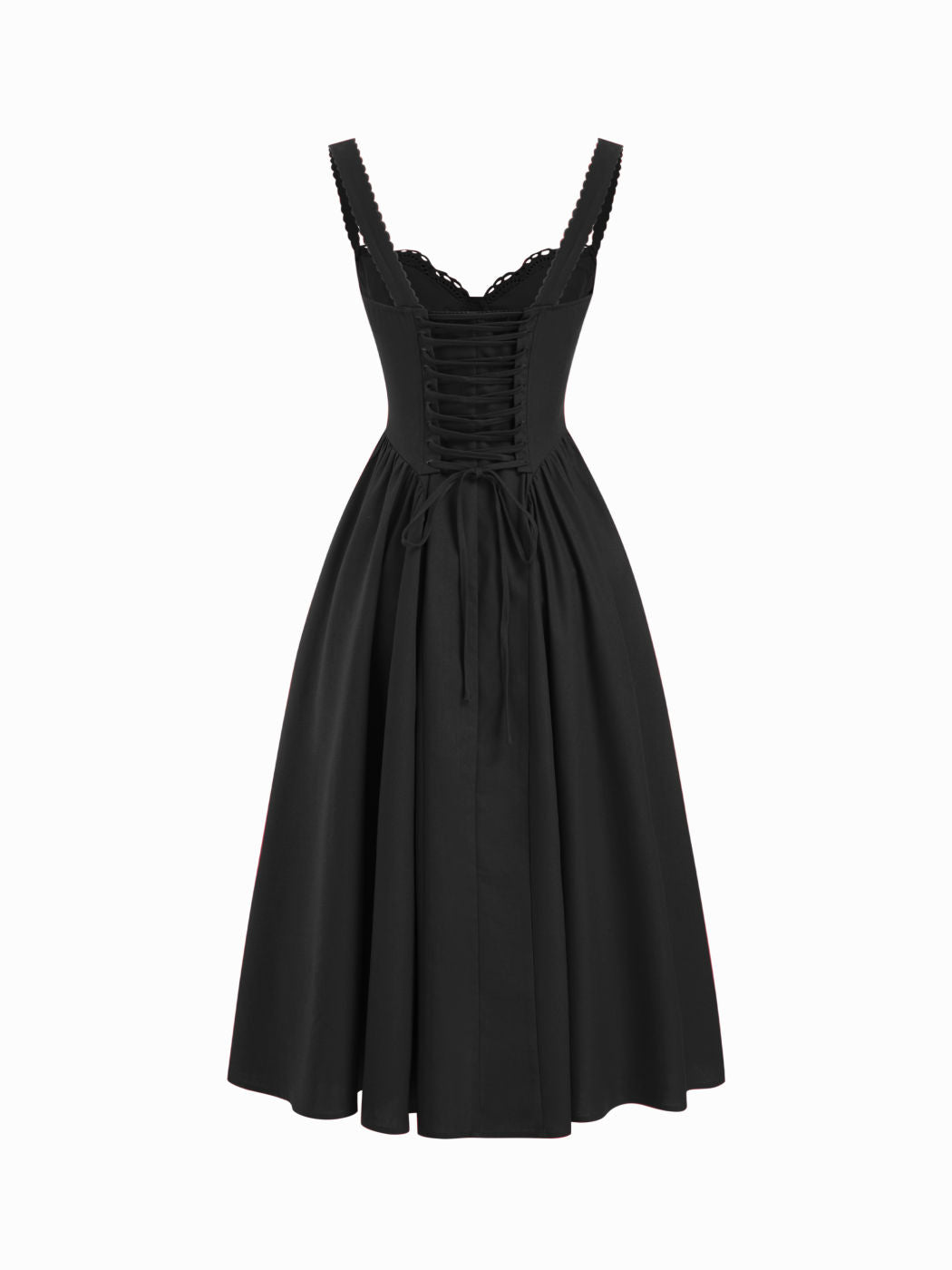 Vestido largo evasé con cuello en U, volantes y lazada - Negro