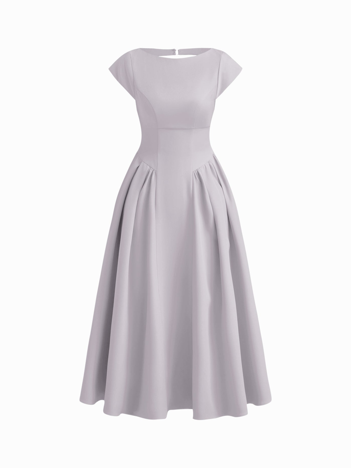 Vestido largo con cuello barco, espalda descubierta, aberturas y volante