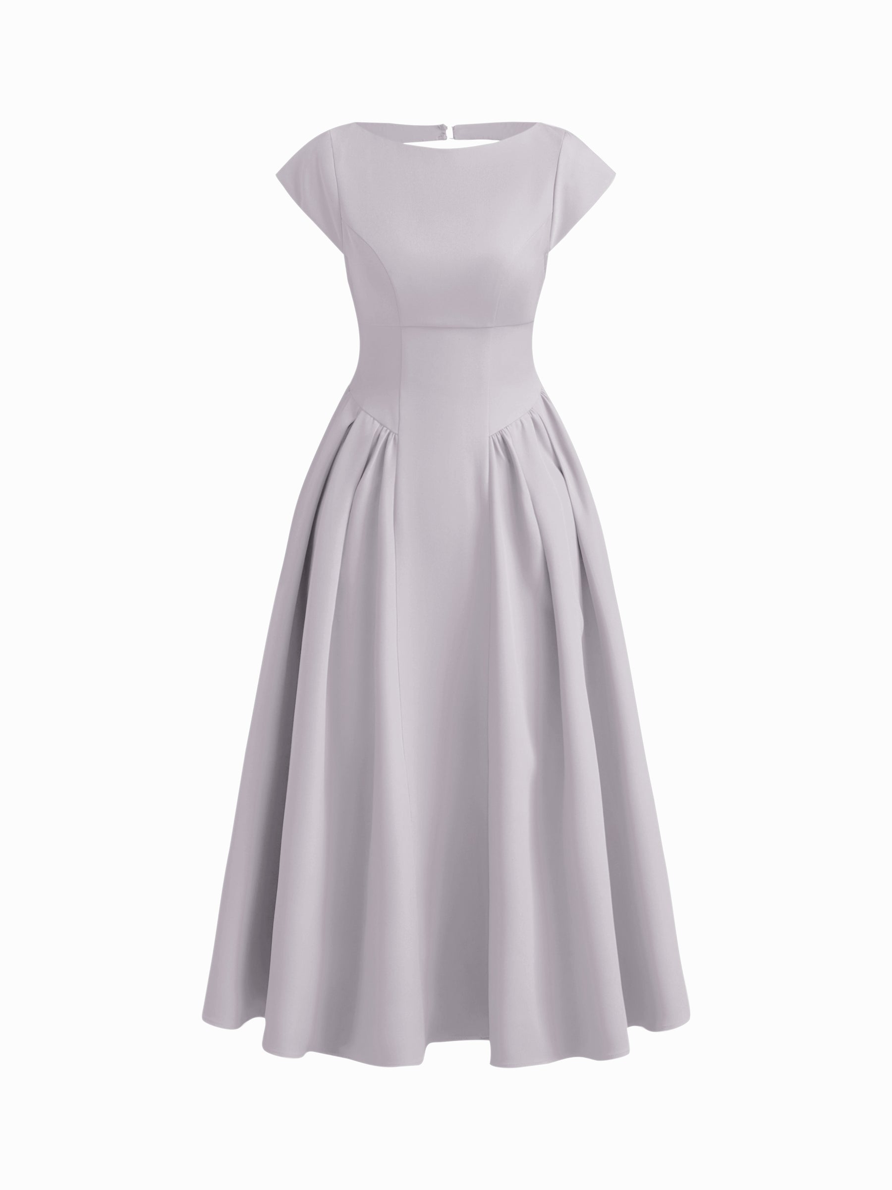 Vestido largo con cuello barco, espalda descubierta, aberturas y volante