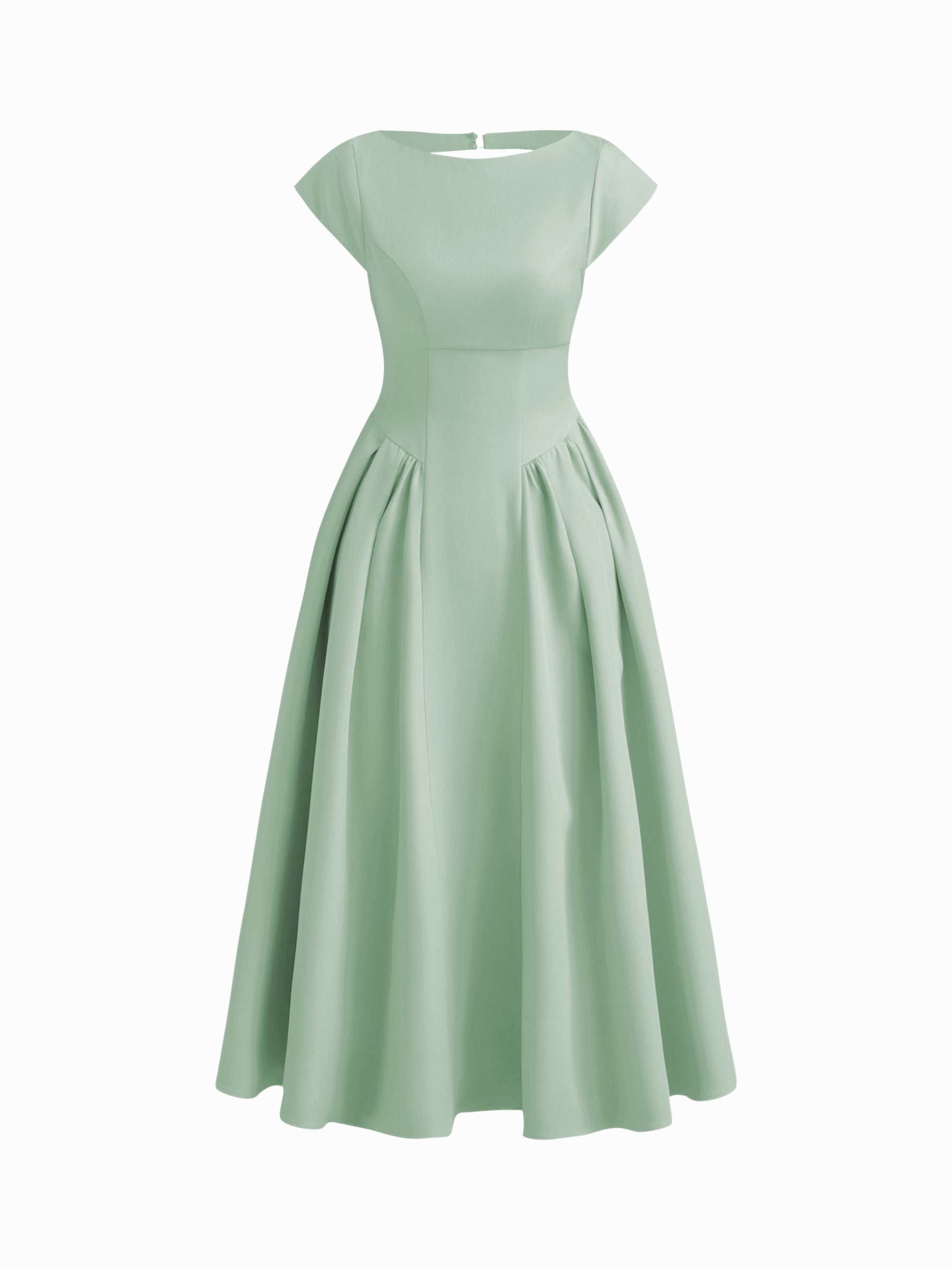 Vestido largo con cuello barco, espalda descubierta, aberturas y volante