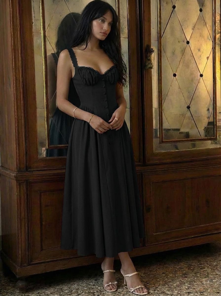 Vestido largo evasé con cuello en U, volantes y lazada - Negro