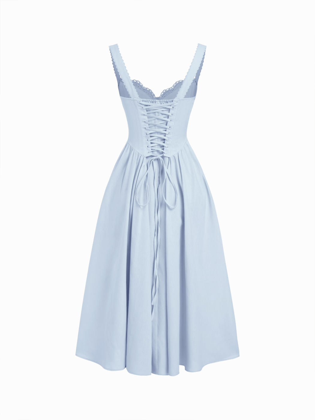 Vestido largo evasé con cuello en U, volantes y lazada - Azul bebé
