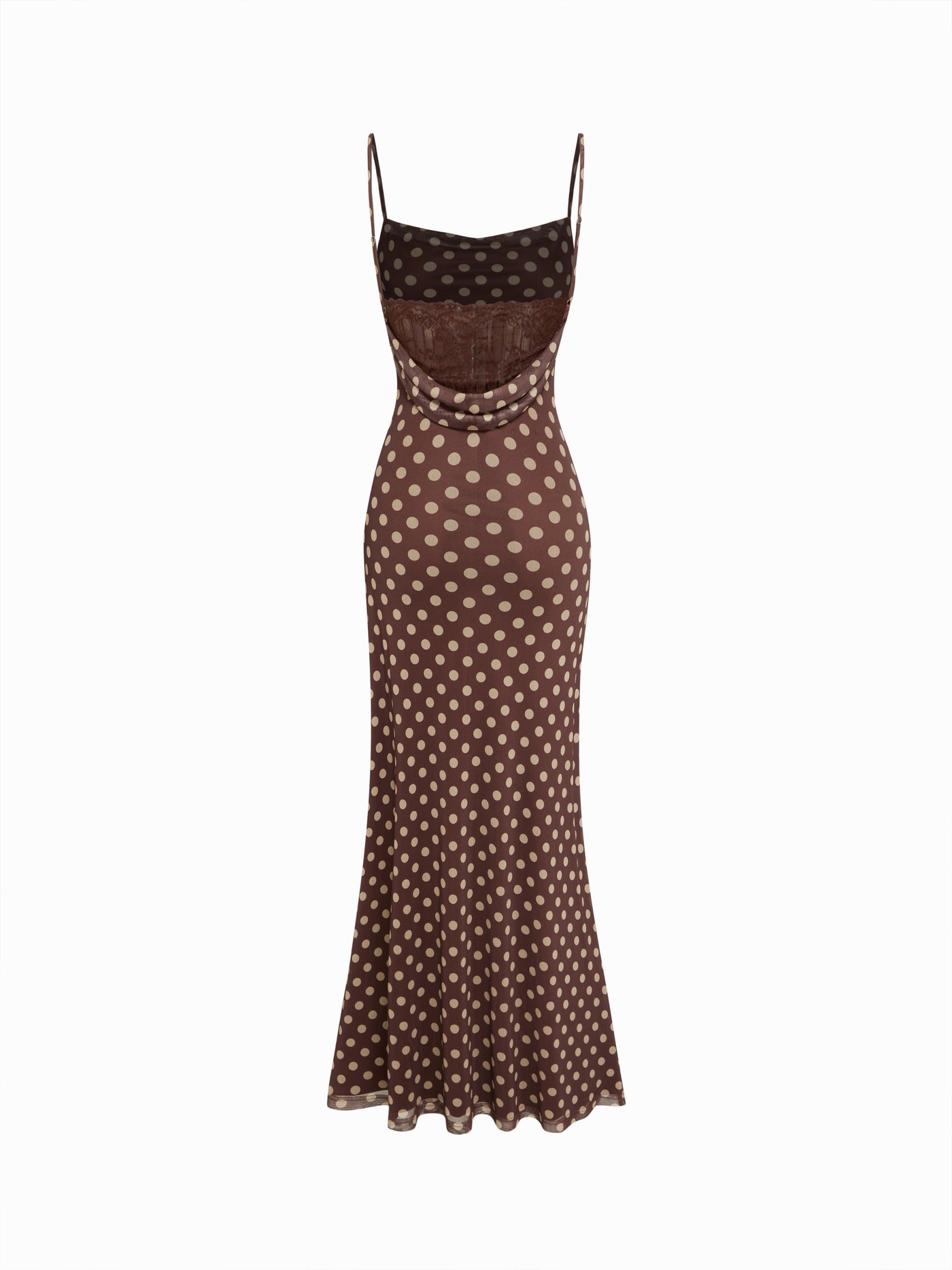 Vestido largo sirena de malla con lunares, panel de encaje y talle alto