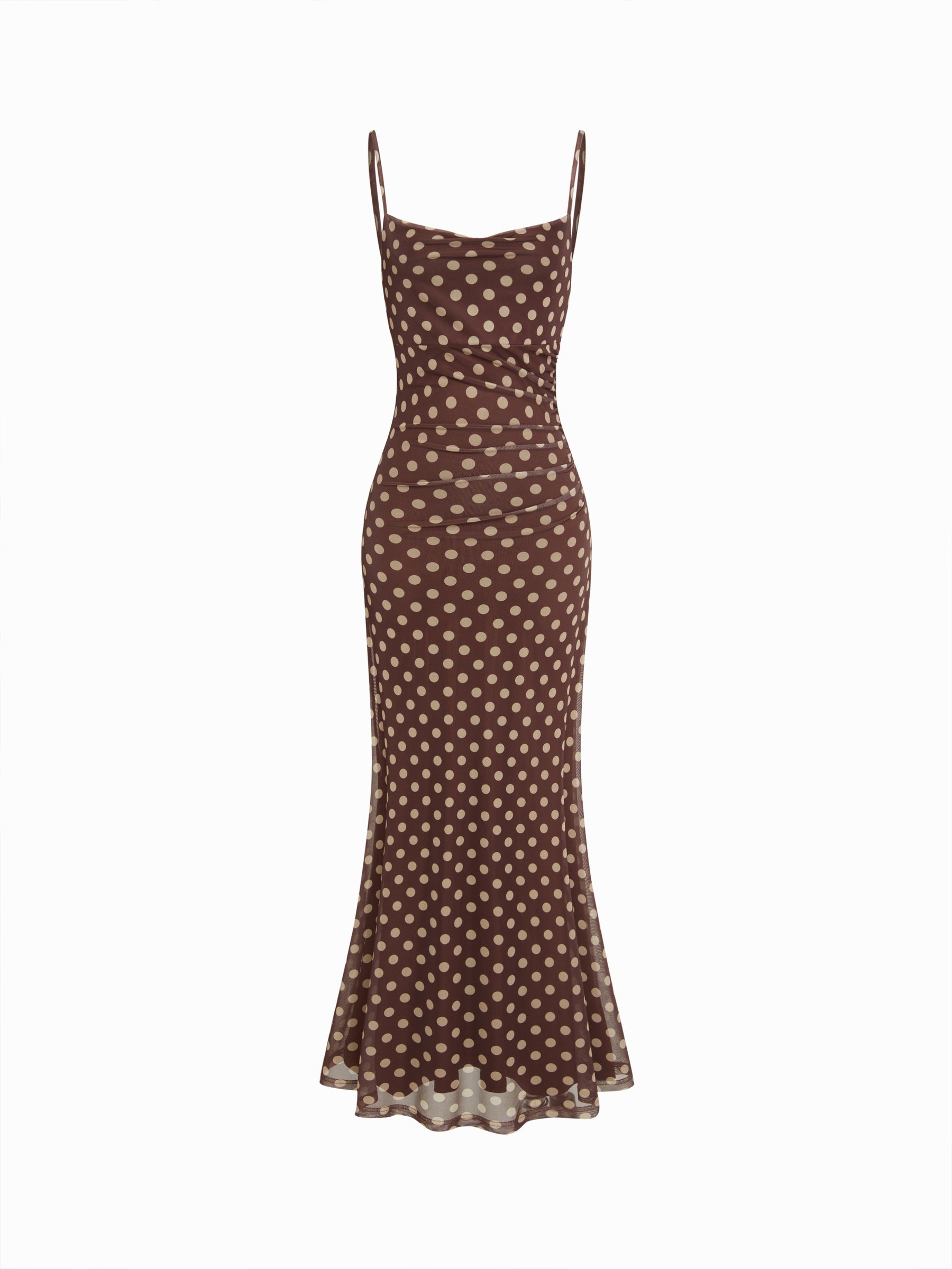 Vestido largo sirena de malla con lunares, panel de encaje y talle alto