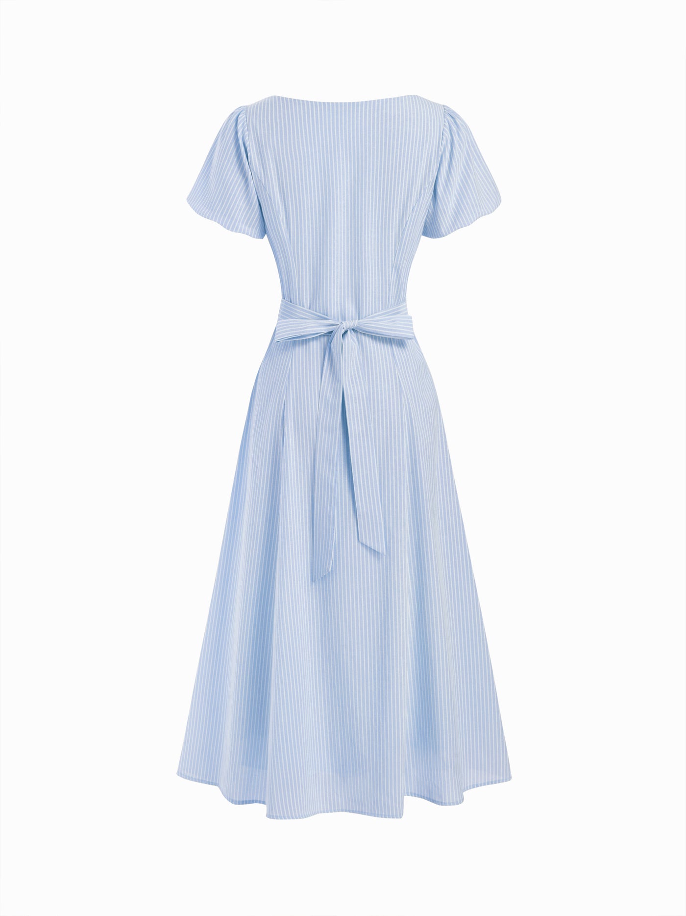 Vestido largo de mezcla de algodón a rayas con fruncido y lazada en la espalda
