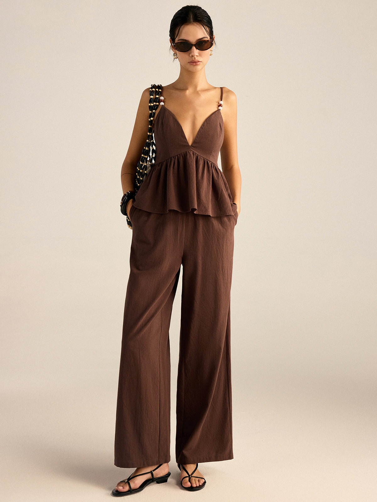 Conjunto de top peplum de algodón con tirantes de cuentas y pantalón - imagen 1