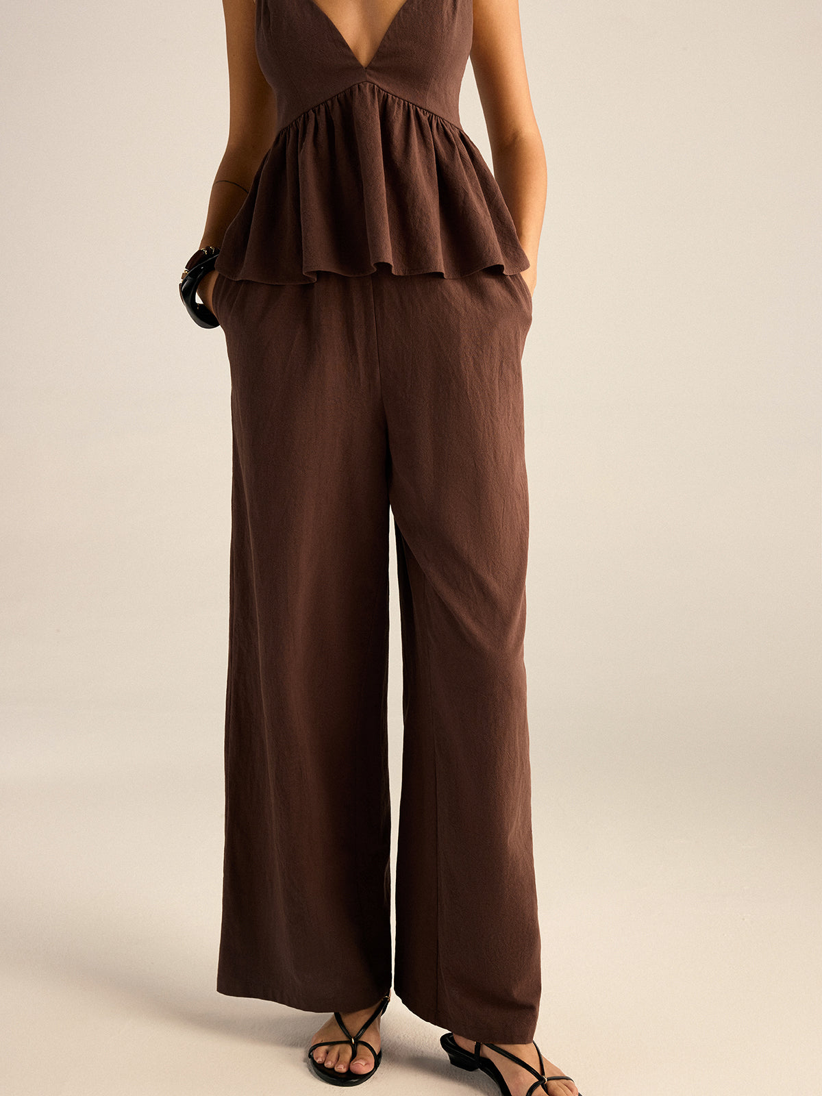 Conjunto de top peplum de algodón con tirantes de cuentas y pantalón - imagen 6