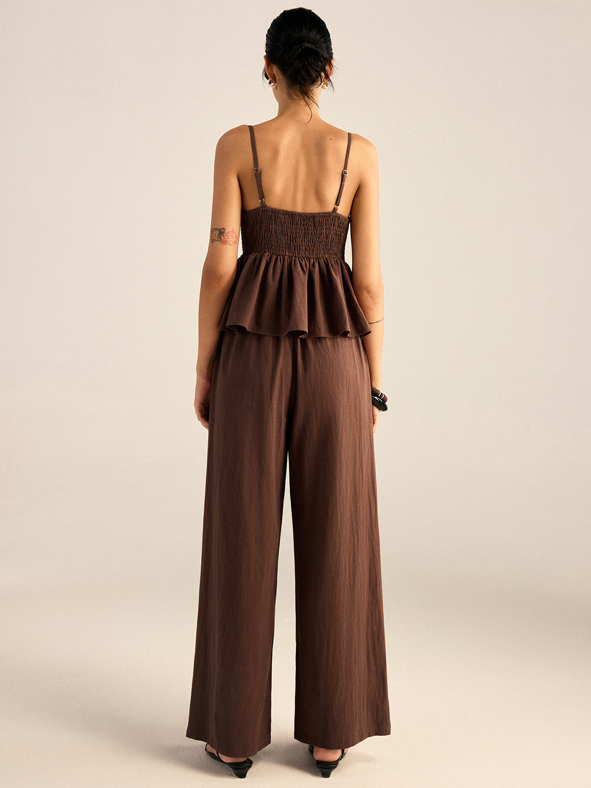 Conjunto de top peplum de algodón con tirantes de cuentas y pantalón - imagen 3