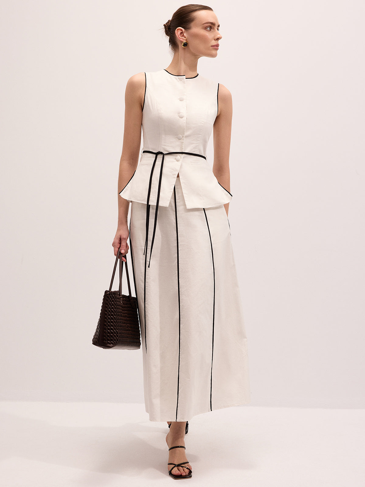 Conjunto de top y falda maxi de algodón y lino con vivos a contraste - imagen 3