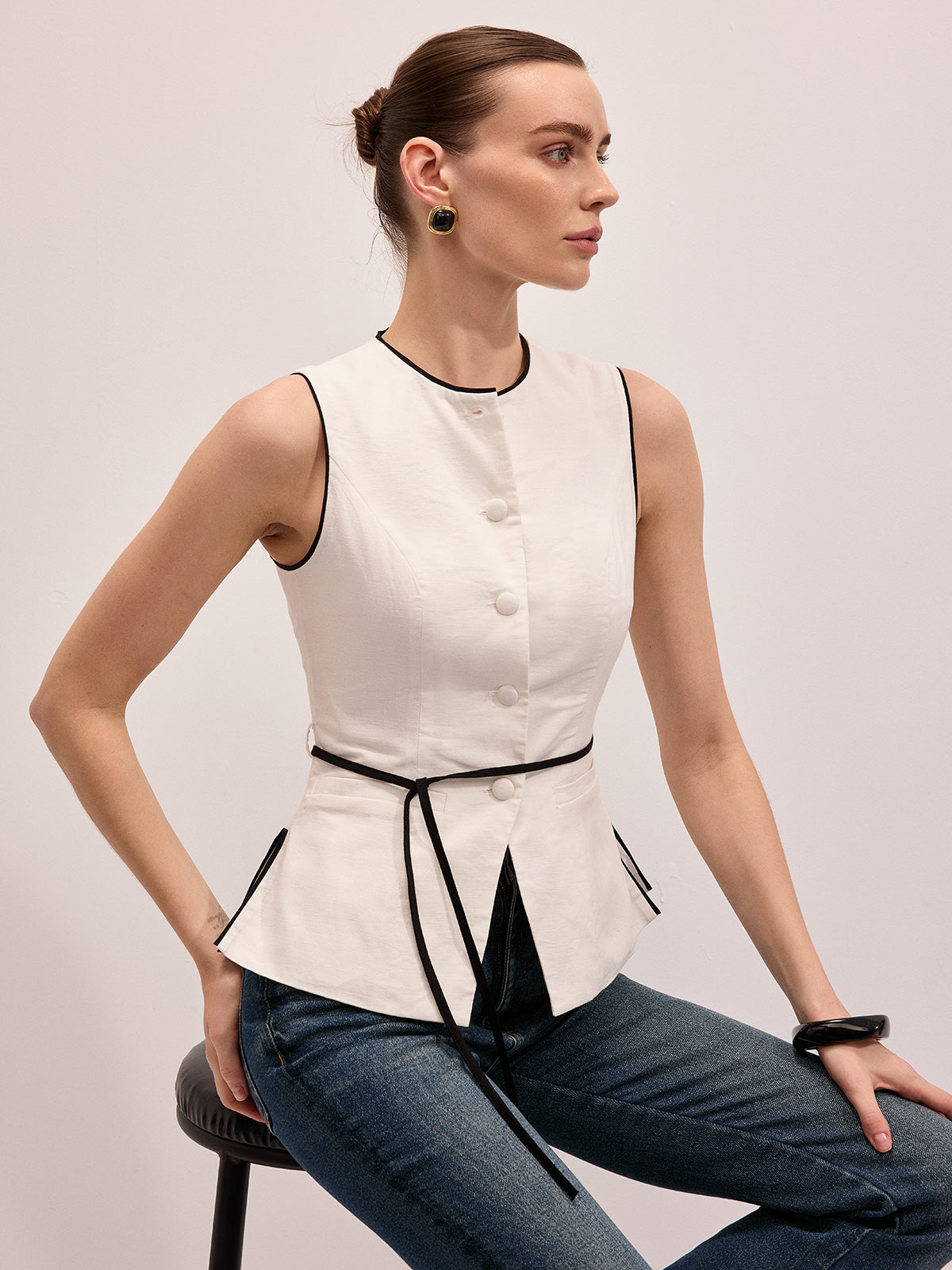 Conjunto de top y falda maxi de algodón y lino con vivos a contraste