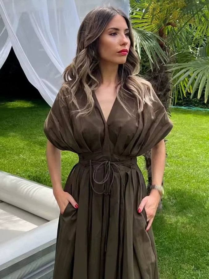 Vestido casual liso con escote en V y cintura ajustada - Marrón - imagen 4