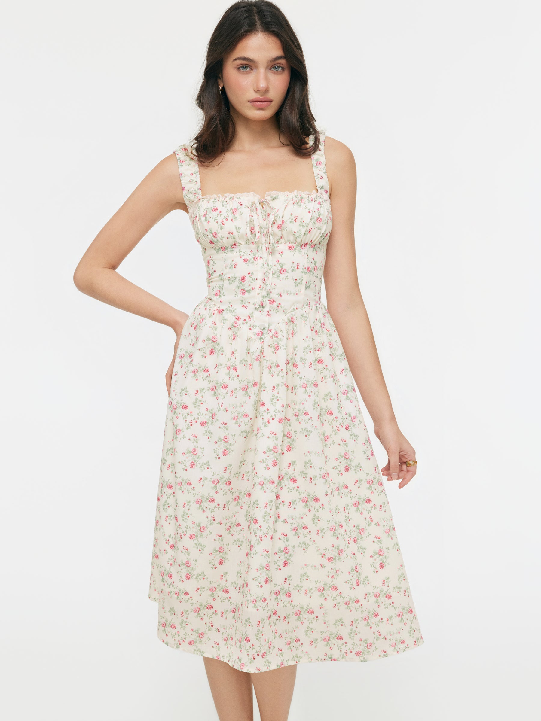 Vestido midi floral de mezcla de algodón con cuello cuadrado, lazada y fruncido - Crema