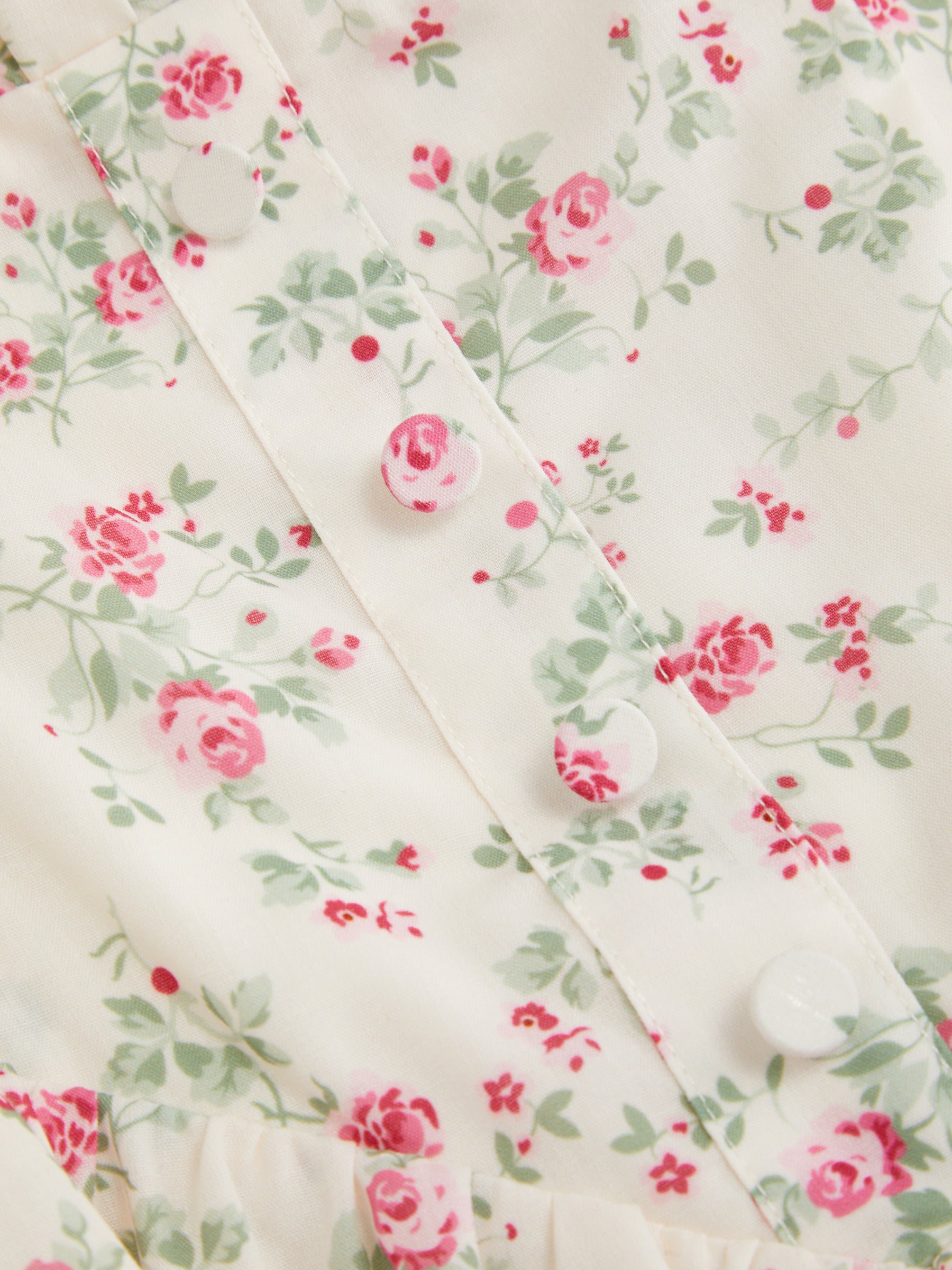 Vestido midi floral de mezcla de algodón con cuello cuadrado, lazada y fruncido - Crema